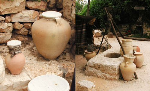 Photographs of ancient washing pots as seen at the Biblical Research Park in Jerusalem.