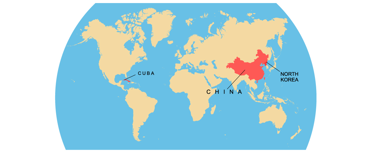 A map of the world with these three countries—countries with command economies—highlighted in orange: Cuba, China, and North Korea.