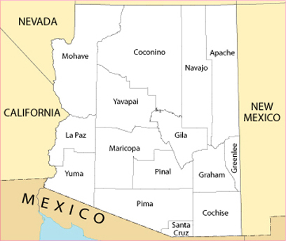 An outline map of Arizona and its counties