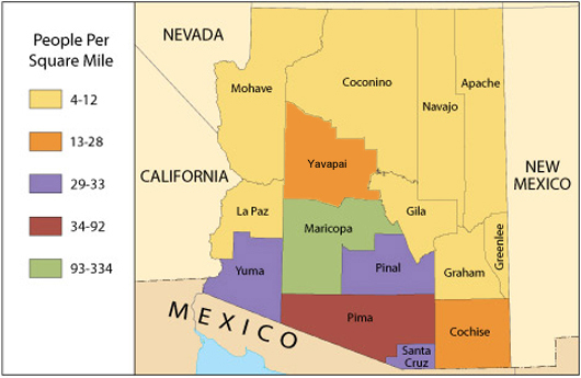 A map of Arizona and its counties color coded according to population.