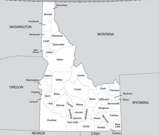 An outline map of Idaho and its counties, ready to be colored.