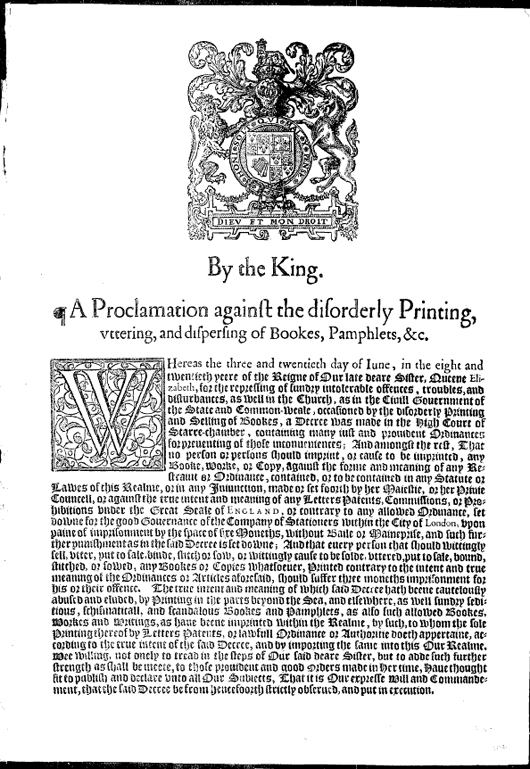 A proclamation issued in 1623 by King James I “against the disorderly printing, uttering, and dispersing of books, pamphlets, etc.”