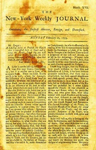 The first page of John Peter Zenger’s Weekly Journal, dated February 25, 1733