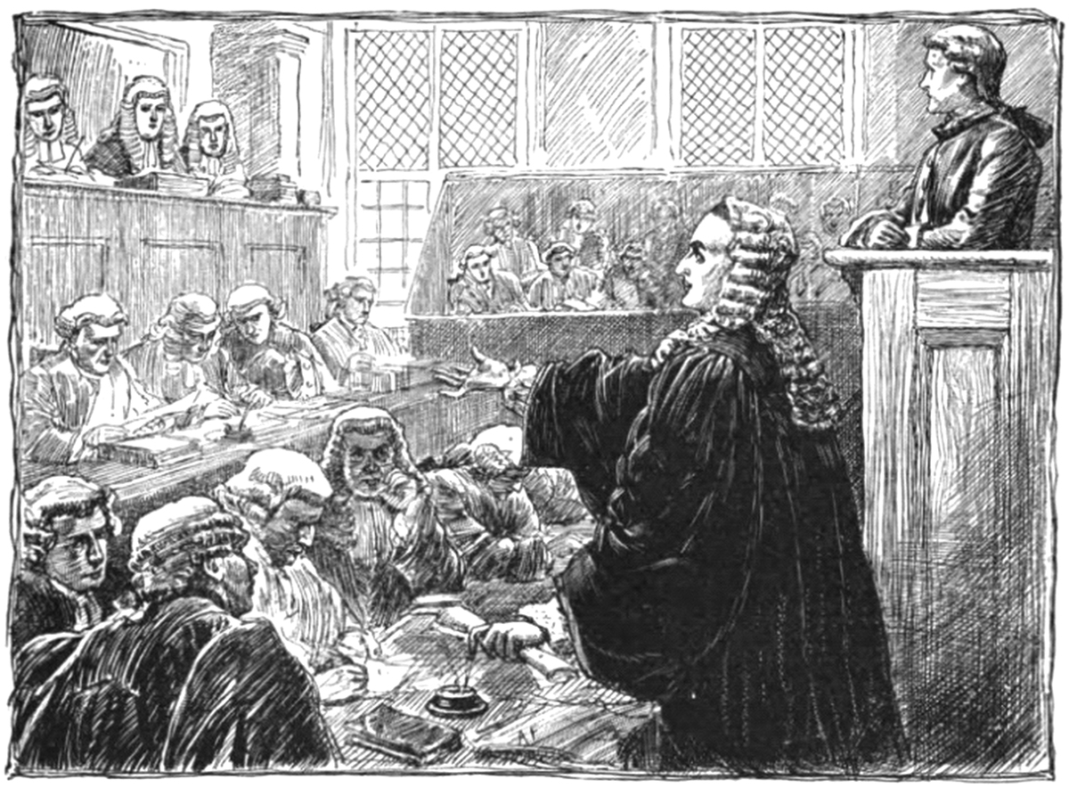 An illustration of the trial of John Peter Zenger