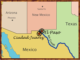 Map of the southwest United States and Mexico. Locations of Ciudad Juarez, Mexico,and El Paso, Texas, are marked.