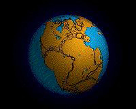 Image of the earth with all the continents pulled together to make one large landmass with the individual continent boundaries still showing.