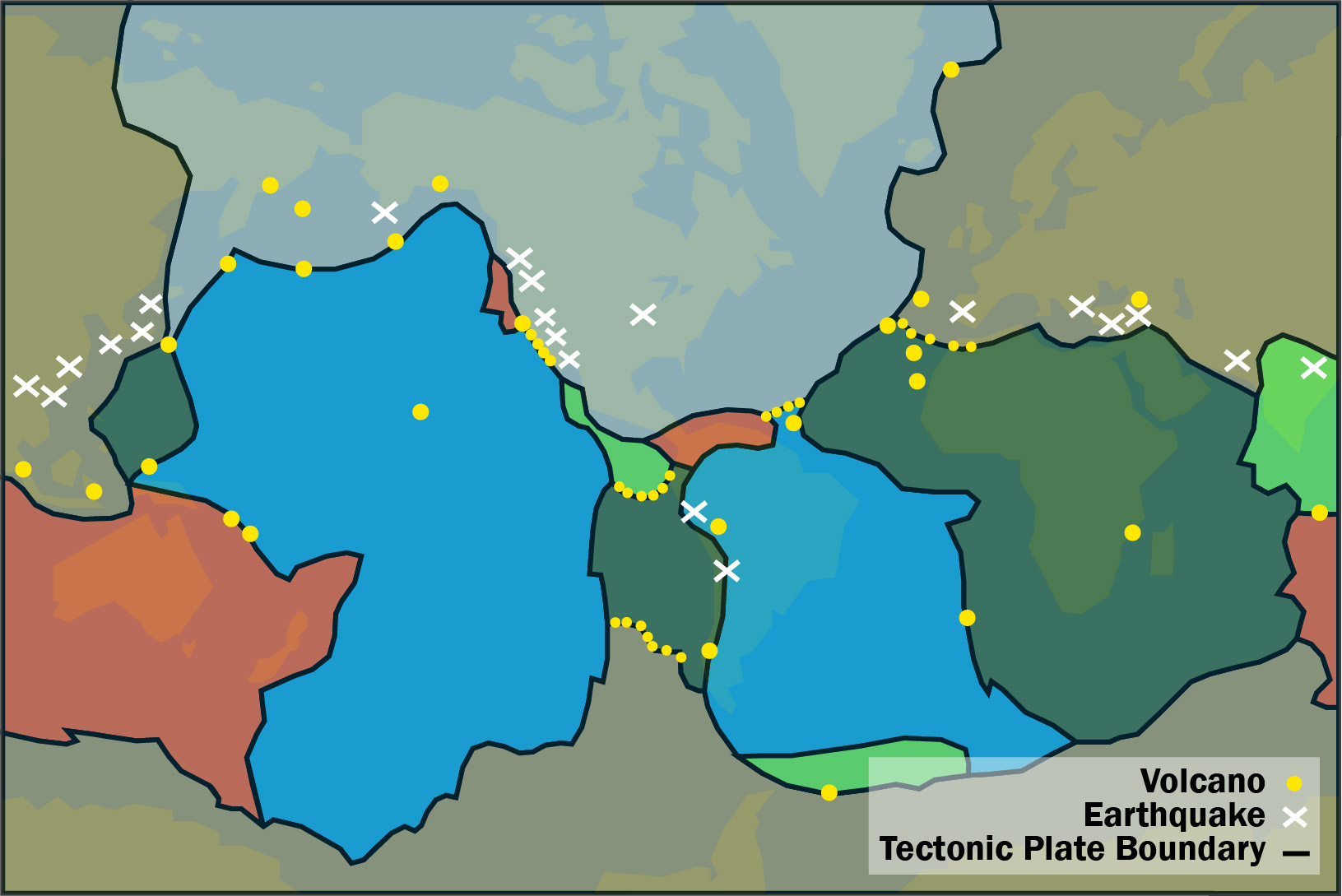 The same plate image as before, but yellow dots line the borders of each plate indicating earthquake zones.